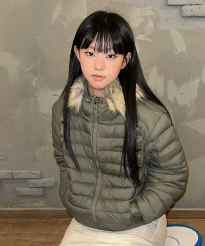 Fur-hooded light duck down, khaki grey